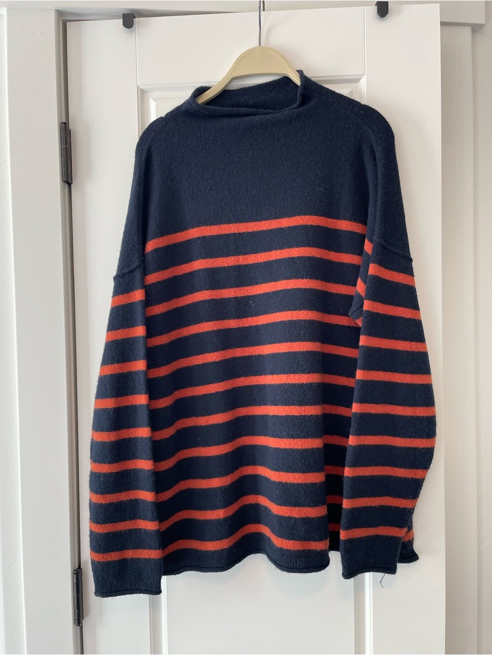 Madewell Navy and Rust Striped Crewneck Sweater